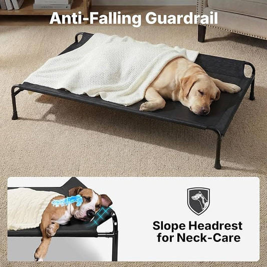 Veehoo Outdoor Dog Bed, Raised Dog Beds for Large Dogs, Elevated Dog Bed with Headrest, Washable Cooling Pet Cot with Non-Skid Feet, Breathable Mesh, Pet Hammock for Indoor or Camping, 47", Black