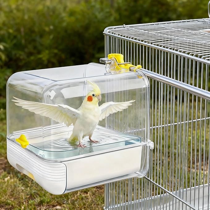 Hanging Bird Bath for Cage, with Wood Perches, Bird Cage Accessories for Small Medium Birds Lovebird, Parakeet, Cockatiel, Essential Bird 7.3" x 7.3" x 8.2" (White)