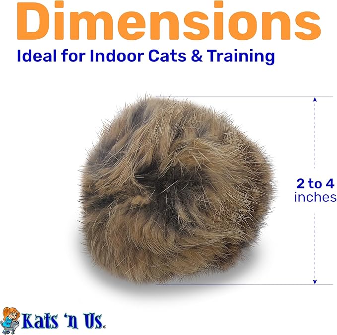 Kats'N Us 2–4 Inch Jumbo Pack of 5 Real Rabbit Fur Pom Pom Cat Toys – Natural Color Balls for Cats & Kittens – Interactive Prey-Like Toys for Indoor Chasing, Batting & Play