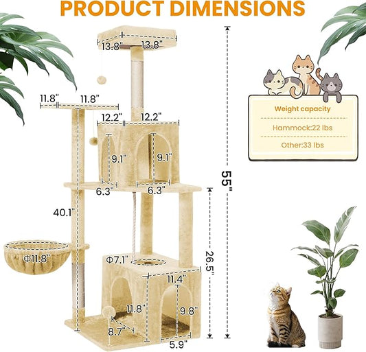 54-Inch Cat Tree Tower with 2 Caves & 2 Pompoms - Multi-Level Tower for Indoor Cats, Soft Plush Condo with Scratching Posts - Sturdy Base for Large Cats(Beige)