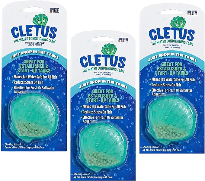 Cletus The Water Conditioning Clam - 3 Pack, Blue - Fish Tank & Aquarium Water Preparation, Chlorine Neutralizer & Heavy Metal Filtration