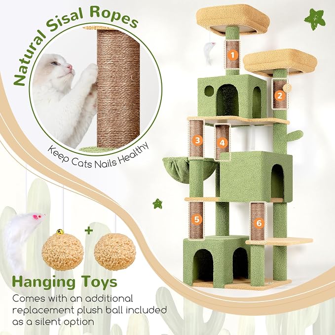 Globlazer Cactus Cat Tree Tall, 71 inches Cat Tower for Indoor Adult Cats Multi-Level 3 Condos for Indoor Cats XL Cat Tree Tower with Scratching Posts, Soft Extra Large Hanging Basket, F71, Green