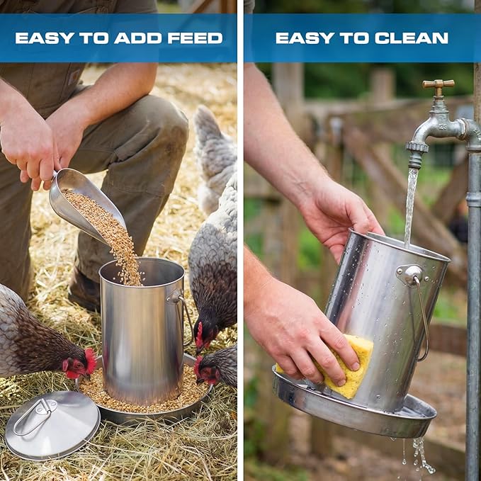 Plexon 6.6 Lb Hanging Chicken Feeder No Waste – Stainless Steel Poultry Feeder with Handle, Heavy Duty Metal Feeder for Chickens Ducks Turkeys, Backyard Coop