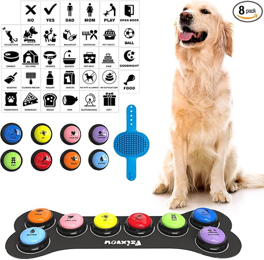 Dog Buttons for Communication 8 Pcs, 30s Recordable Dog Talking Buttons Starter Set with Anti-Slip Mat & 24 Scene Stickers, Pet Training Voice Buzzer