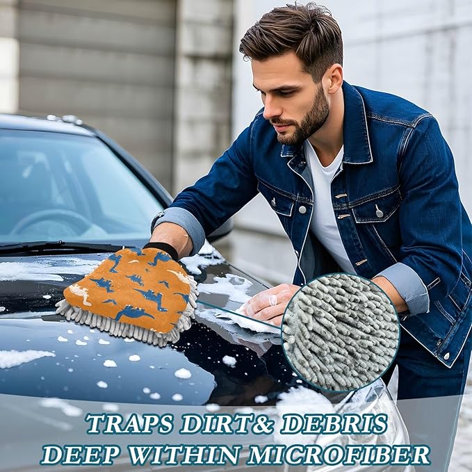 Car Wash Mitt Microfiber Wash Mitts for Car Washing Scratch-Free Cleaning Gloves Soft Non Absorbent Chenille Auto Hand Mitt Large 2Pack Cute Orange Dinosaurs
