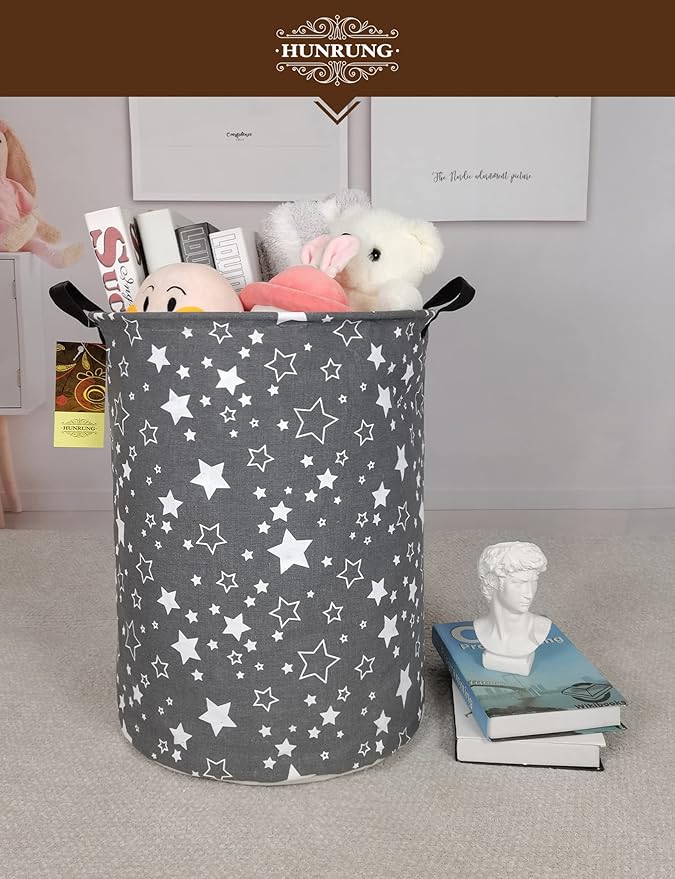 Laundry Hamper,Large Canvas Fabric Lightweight Storage Basket Toy Organizer Dirty Clothes Collapsible Waterproof for College Dorms, Children Bedroom,Bathroom（Round star）
