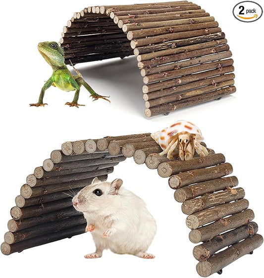 QUOZUO 2PCS Reptile Hideout Hermit Crab Bendable Bridge, Wooden Hermit Crab Hideout Climbing Toys, Reptile Tank Habitat Decor Hiding Hut for Lizards, Mice, Spiders