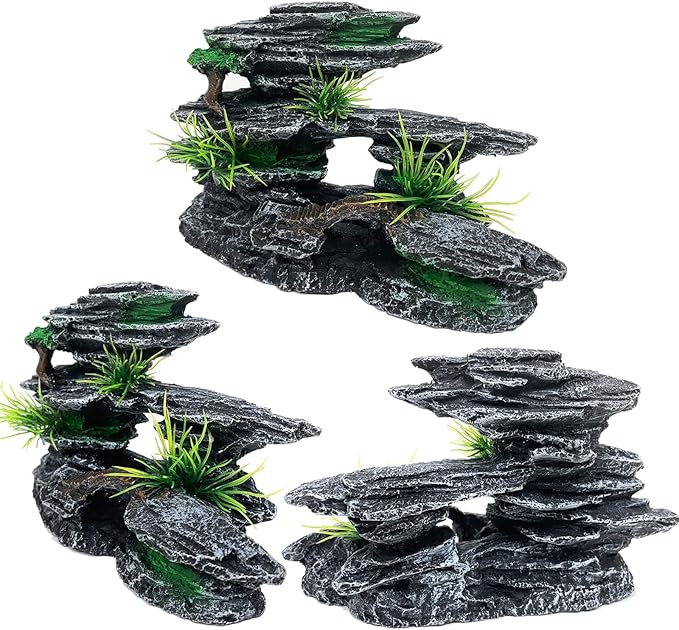 Aquarium Mountain View Stone Ornament Tree Rock Cave Aquarium Decorations for Fish Tank Decorations for Small Fish Tank - 7.5 Inches Long