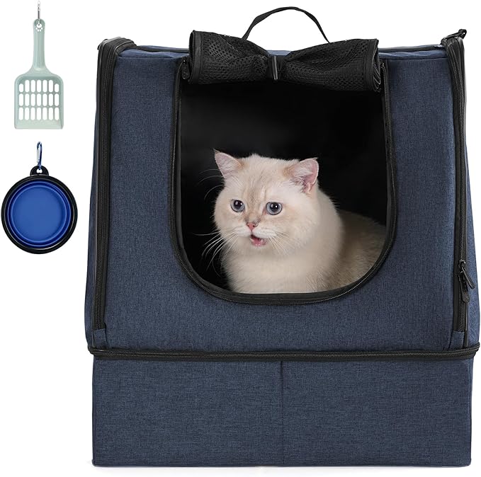 apollo walker Portable Cat Travel Litter Box with Zipped Waterproof Bag,No Collapse with Hard Base Insert at Bottom, No Leakage, No Smell, Easy to Carry, Easy to Use in Hotels, Car Blue