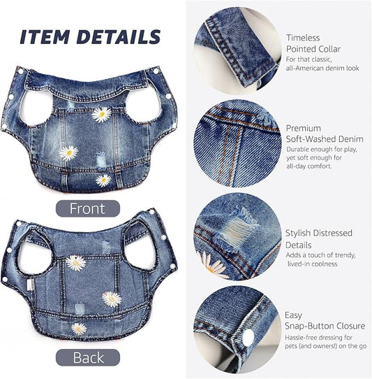 Dog Denim Jacket with Embroidered Daisy, Ripped Vintage Jean Vest for Small Dogs, Pugs, Chihuahuas, Spring Summer Fall Festival Outfit, X-Large (Fits Chest 17-18")