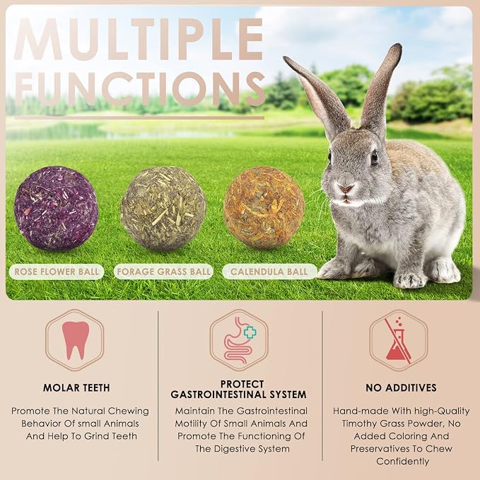 Bissap Bunny Chew Toys 15PCS, 100% Natural Flowers Flavored Timothy Hay Balls Rabbit Chew Treats for Hamster Guinea Pigs Rats Chinchillas Gerbils and Other Small Animals Teeth Care