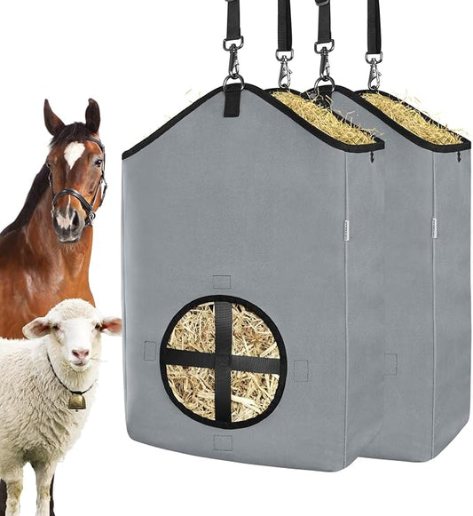 Hay Bags,Slow Feed Hay Bags for Horses,Goats,Donkeys with Reinforced Oxford Fabric and High Strength Metal Clasp,Horse Feeding Supplies with Strap for Easy Hanging (2 Grey)