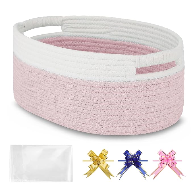 Small Woven Basket with Gift Bags and Ribbons, Empty Baby Gift Baskets, Shelf Storage, Small Cat Dog Pet Toy Boxes, 13”x 9”x 5.5”, Light Pink