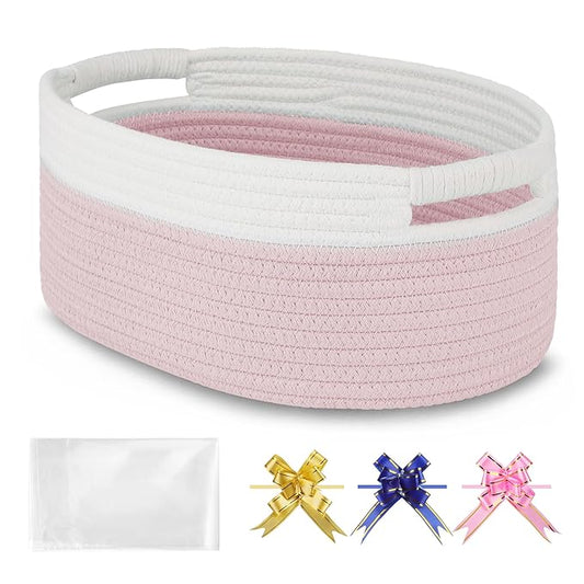 Small Woven Basket with Gift Bags and Ribbons, Empty Baby Gift Baskets, Shelf Storage, Small Cat Dog Pet Toy Boxes, 13”x 9”x 5.5”, Light Pink