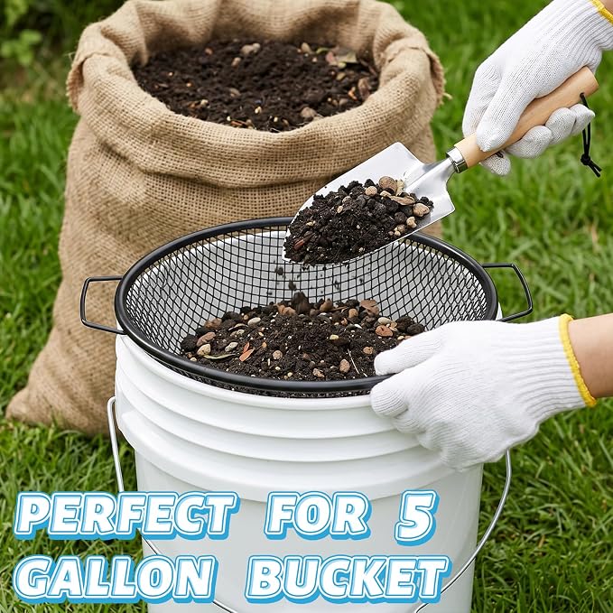 3PCS Soil Sifter for Gardening, Rock Soil Sifter with Handle Compost Sifting Screen for 5 Gallon Buckets with Metal Garden Shovel Gloves 3,6,10mm Mesh Sizes Remove Stone Fine Gravel Sand Dirt Black