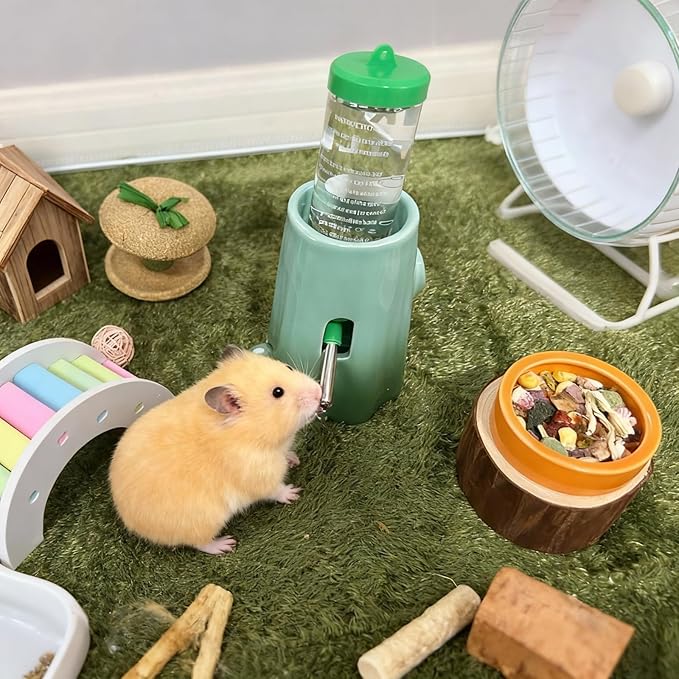 Hamster Water Bottle Adjustable Ceramic Hamster Water Dispenser No Drip Feeder with Food Bowl for Mice Rats Hedgehog Chinchilla Gerbil