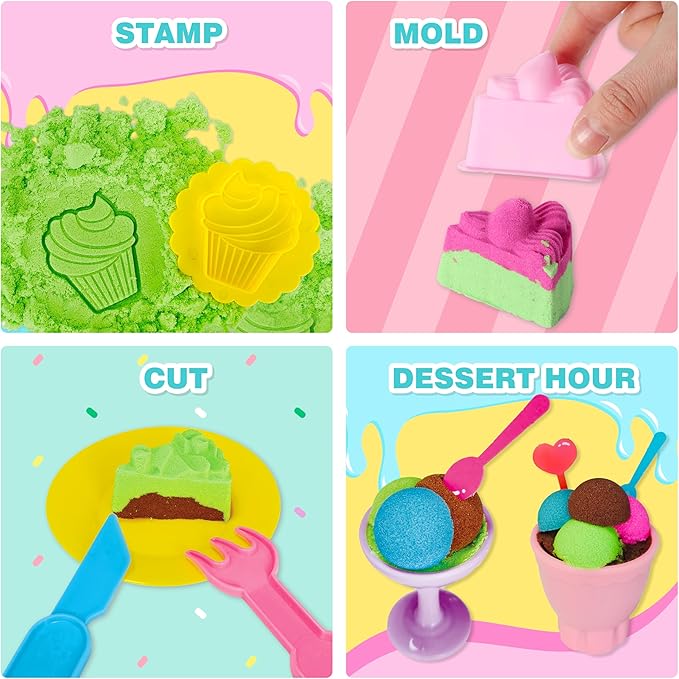 Carolart Sensory Bin,Ice Cream and Cakes Sensory Kit,Kids Play Sand Kit,Sandbox with Sensory Sand Girls and Boys,Sensory Toys for Kids 3 4 5 6 Year Old