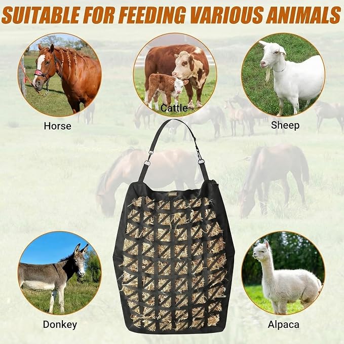 Hay Bag for Horses,Ultra-Slow Feed Hay Bag for Ground Feeding,Designs for Horses,Goats,Cows,Premium 1680D Oxford Cloth,Easy to Fill and Hang with Wide Opening and Adjustable Straps (1)