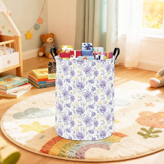 Collapsible Fabric Storage Basket, Waterproof Laundry Hamper with Handles, Round Storage Bin for Clothes Toys, Foldable Organizer for Bedroom Nursery Bathroom(Round-Purple Flowers)