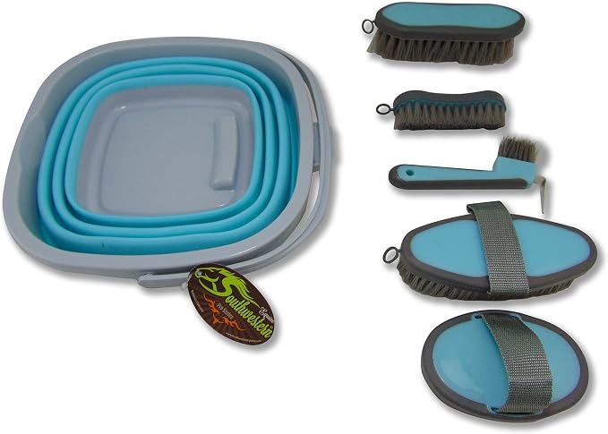 Collapsible Grooming Kit 10 Liter Bucket and 5 Grooming Tools - By Southwestern Equine - Turquoise