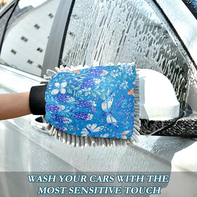 Car Wash Mitt Microfiber Wash Mitts for Car Washing Scratch-Free Cleaning Gloves Soft Non Absorbent Chenille Auto Hand Mitt Large 2Pack Bluebonnet Birds and Butterflies Blue