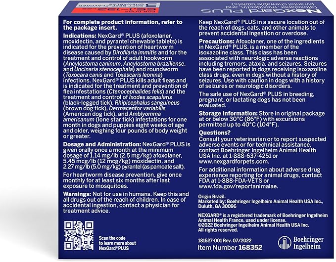 NexGard Plus (afoxolaner, moxidectin, and pyrantel) Flea and Tick Protection & Heartworm Preventive for Dogs Soft Beef Flavored Chewables, 66.1-132 lbs. (Red) 3 Chews (3 Month Supply)