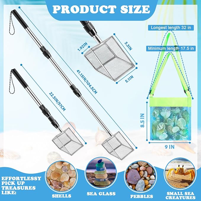 4Pack Shark Tooth Sifter(2 Shell Scooper+2 Seashell Bags), Retractable Long Handle Sand Dipper Shovel Tool for Adults and Kids, Shark Teeth Scoop for Picking Up Shells and Rocks