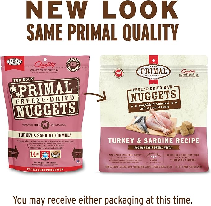 Primal Freeze Dried Raw Dog Food Nuggets, Turkey & Sardine, Complete & Balanced Meal, Also Use as Topper or Treat, Premium, Healthy, Grain Free, High Protein Raw Dog Food, 5.5 oz
