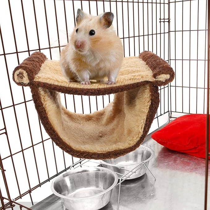 Chinchilla Hammock and Warm Hamster Bed Hanging Nest with Fleece Lining, Large Size Brown Cage Accessory for Squirrels, Hamsters, and Small Pets