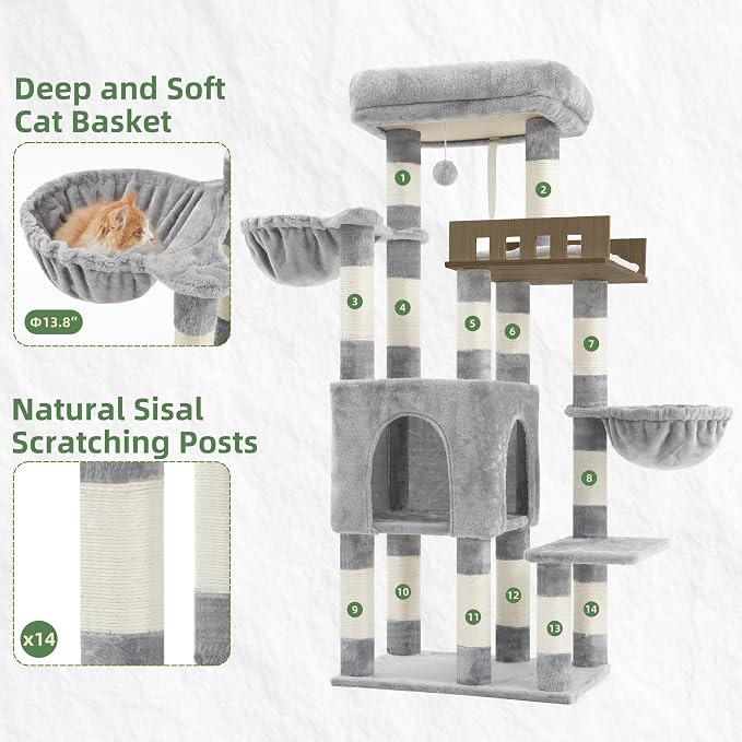 Gitelsnour Cat Tree for Indoor Cats Large Adult, Heavy Duty Cat Tree for Large Cats 20 lbs+, Cat Condo with Big Wooden Perch, Cat Tower with 14 Scratching Posts, Hammock, Light Gray GCT023W
