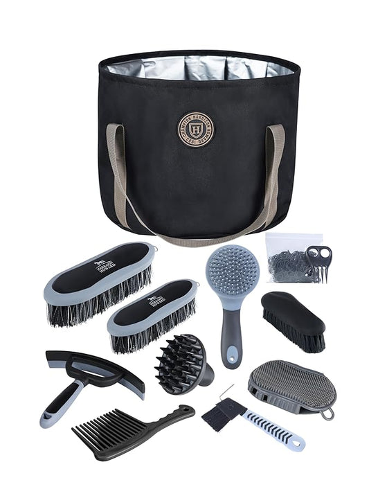 Harrison Howard Horse Grooming Kit 9 Piece with Tote, Non-Slip Silicone Grip Brush Set for Horses, Shedding Bathing Daily Care, Beginner Friendly Black