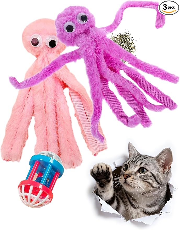 3 Pack Cat Toys Balls Indoor Kitten, Soft Plush Catnip Octopus Toys and Bell Ball for Happy Active Play (1.5'' - 7.4'')