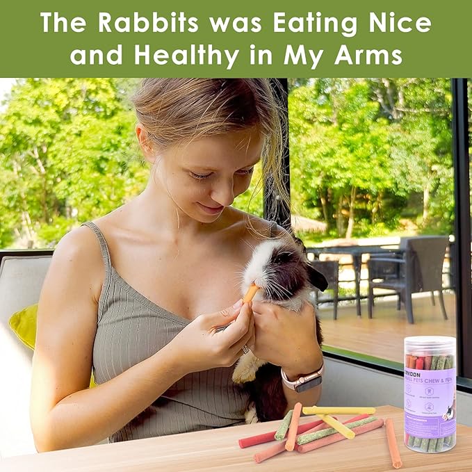 ERKOON 40Pcs Rabbit Timothy Hay Sticks, Five Flavors：PurplePotato/TimothyHay/Pumpkin/Strawberry/Carrot，Suitable Guinea Pig, Hamste, Gerbil, Chinchilla Treats, Chew Toys for Teeth for Bunnies