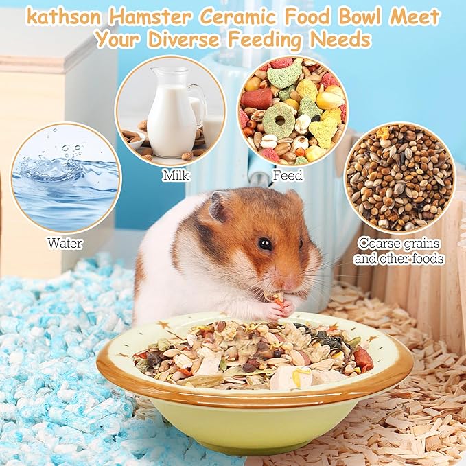 kathson Hamster Ceramic Food Bowl Small Animal Bowls with Croissant Pattern for Cage Guinea Pig Anti-Turning Food and Water Dish Pet Feeder for Gerbil Hedgehog 2PCS