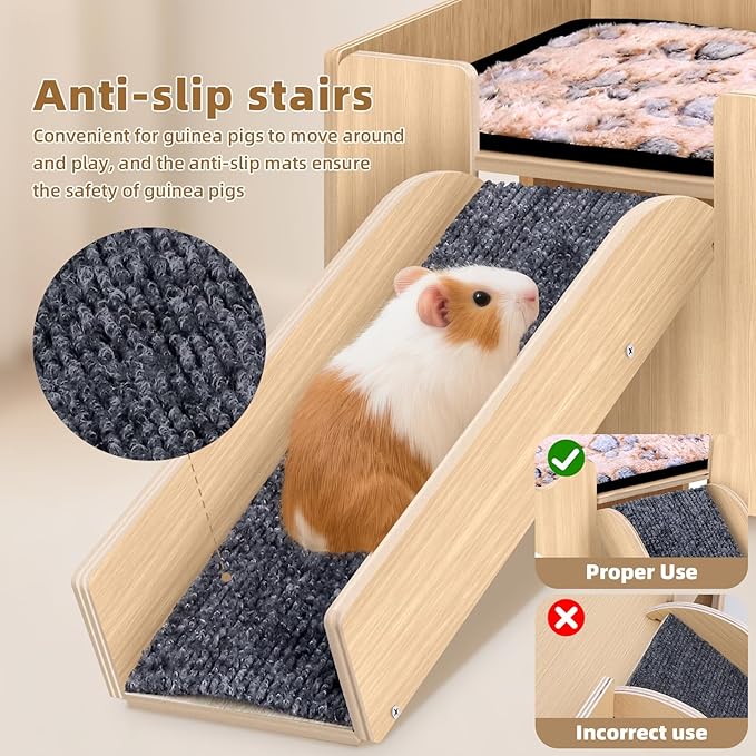Extra Large Guinea Pig Hideout Castle, Natural Chew Proof Wooden Small Animal House with Anti-Slip Stairs & Mat, 2-Story Detachable Habitat, Easy to Assemble for Guinea Pigs, Rabbits, Hamsters