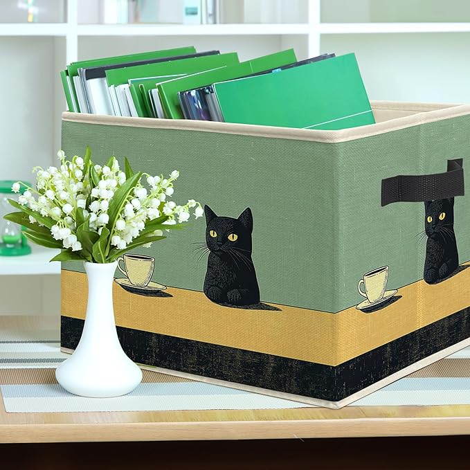 Retro Black Cat Drink Coffee Storage Bin Box, Cat Lover Mom Lady Grandma Gifts Collapsible Storage Basket Organizer for Bedroom Bathroom Home Clothes Toys Books, Toybox for Girls