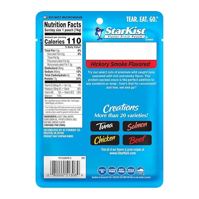 StarKist Tuna Creations Hickory Smoked Pouch (2.6 oz - 24 Pack) Wild Caught, High Protein Shelf Stable Seafood, Gluten Free, Soy Free, No Draining, Ready to Eat for Salads and Sandwiches