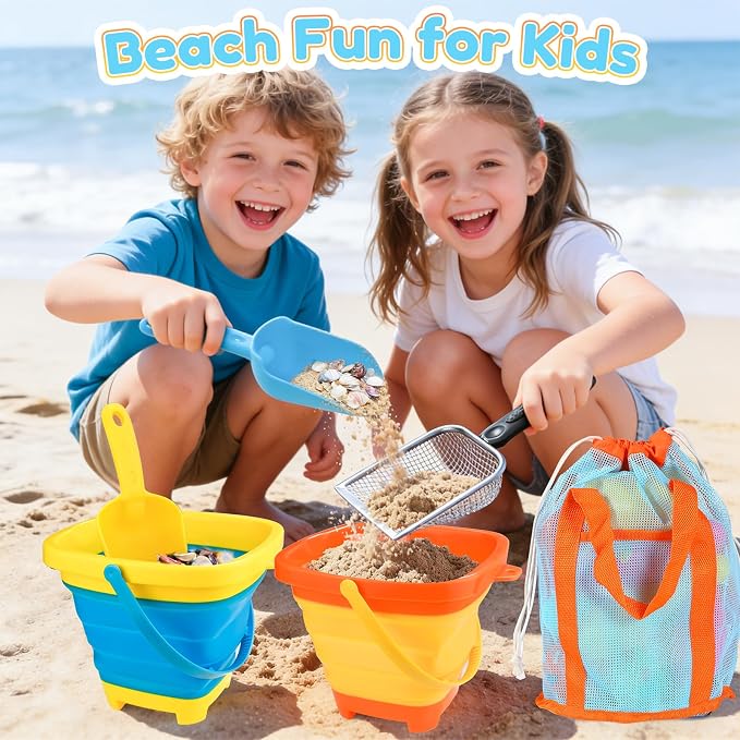 Beach Sand Toys with 2-Pack Collapsible Buckets & Shovels for Kids | Foldable Pail Bucket with Shovels & Mesh Bag, Large capacity, Potable for Shell Collecting Castle Building Summer Travel