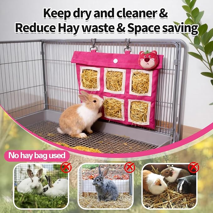 Rabbit Hay Feeder Bag, Guinea Pig Hay Bag for Rabbits Bunnies Guinea Pigs Chinchillas and Small Pets-Promotes Natural Behavior, Reduce Waste, Keep Dry and Maintain Cleanliness