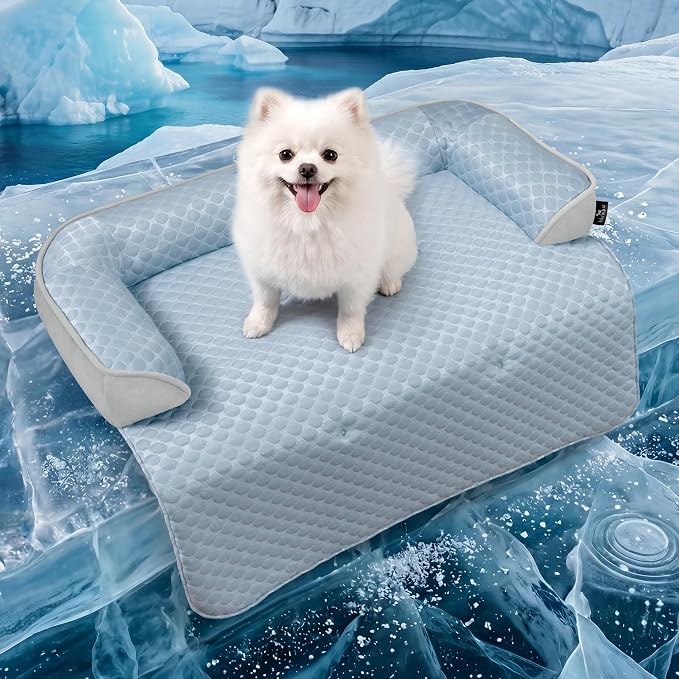 Medium Cooling Dog Bed Mat - 35 x 31 inch Waterproof Couch Cover for Dogs Washable, Non-Slip Bottom Self Cooling Mat for Dogs, Durable & Non-Gel, Dog Couch Bed for Sofa Floor Car, Light Blue