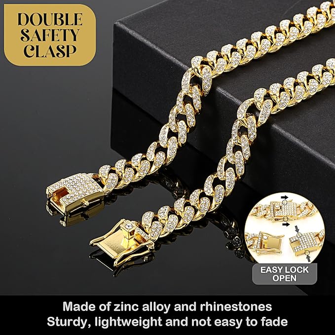 Tallew Gold Dog Chain Diamond Collar Walking Metal Chain Necklace with Secure Buckle Pet Cuban Style Collar Jewelry Accessories for Small Medium Large Dog Cats (10 inch)