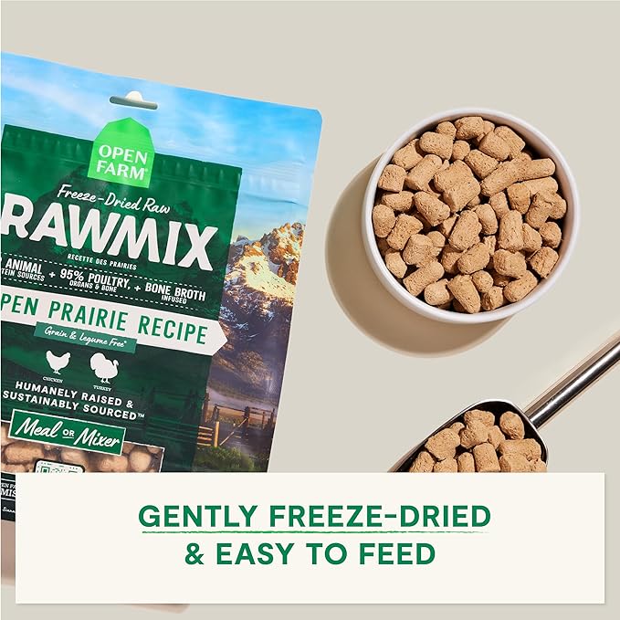 Open Farm, RawMix Freeze Dried Raw Morsels, Dog Food Topper & Meal Mixer, High Protein & Bone Broth Infused with 95% Real Meat, Organs & Bones, Open Prairie Recipe with Chicken & Turkey, 13.5oz Bag