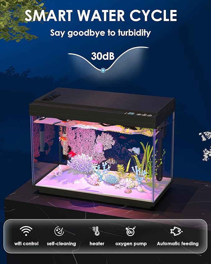 Smart Fish Tank Starter Kit with Smart Temperature Display & Wireless Control, 5.8 Fish Tank Self Cleaning, 3-in-1 Quiet Filter Pump, 7-Color LED, Heater, Feeder for Beginner Aquarium