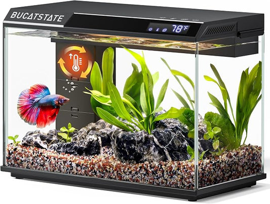 BUCATSTATE 2.6 Gallon Fish Tank, 3 Stage Filtration with Independent Waste Compartment Aquarium, Quiet 3 in 1 Pump, Real-Time Temp Display, 8-Mode LED Light Fish Tank (Black)