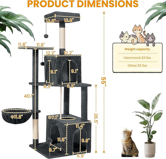 54-Inch Cat Tree Tower with 2 Caves & 2 Pompoms - Multi-Level Tower for Indoor Cats, Soft Plush Condo with Scratching Posts - Sturdy Base for Large Cats(Dark Gray)