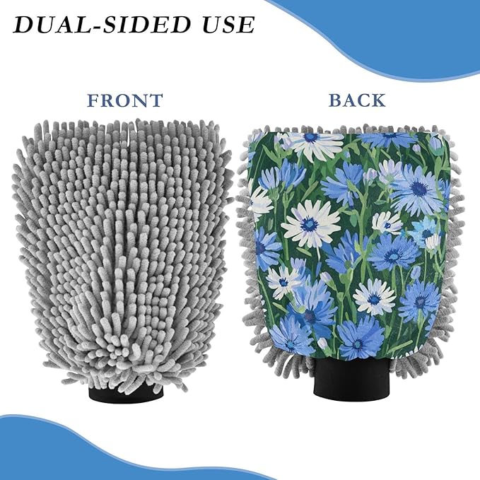Car Wash Mitt Microfiber Wash Mitts for Car Washing Scratch-Free Cleaning Gloves Soft Non Absorbent Chenille Auto Hand Mitt Large 2Pack Cornflower Green Leaves