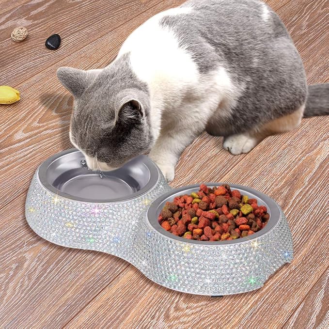 SAVORI Small Dog Bowls, Handmade Bling Rhinestones Stainless Steel Pet Bowls Double Food Water Feeder for Puppy Cats Dogs Cats (AB Color-320ml)