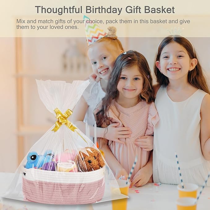 Small Woven Basket with Gift Bags and Ribbons, Empty Baby Gift Baskets for Kids Women Men, Shelf Storage, Small Cat Dog Pet Toy Boxes, 13”x 9”x 5.5”, Dusty Pink