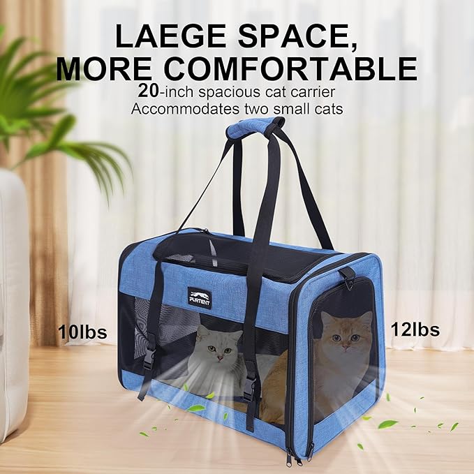 Soft Sided Cat Carrier for Large Cats, Pet Carrier for 2 Cats or Small Dogs Up to 25Lbs, Large Cat Carrier with Shoulder Strap, Cat Car Carrier with Safety Buckle & Cushion, 20x13x13 inches, Blue