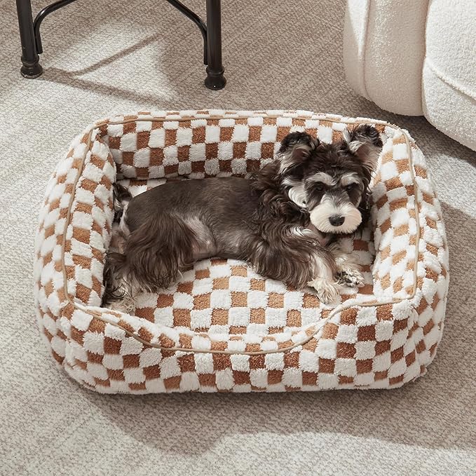 JOEJOY Dog Beds for Small Dogs -Cute Cat Beds for Indoor Cats Calming Pet Beds, Rectangle Orthopedic Cuddle Puppy Bed with Jacquard Shaggy Plush & Anti Slip Bottom, 20x19x6inches, Brown
